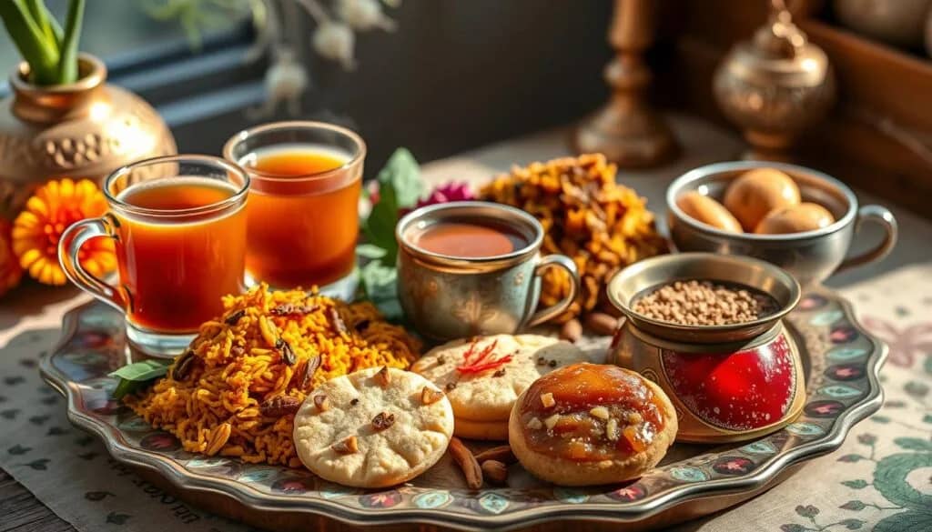 Different variety of tea with biscuits and rice on the platter