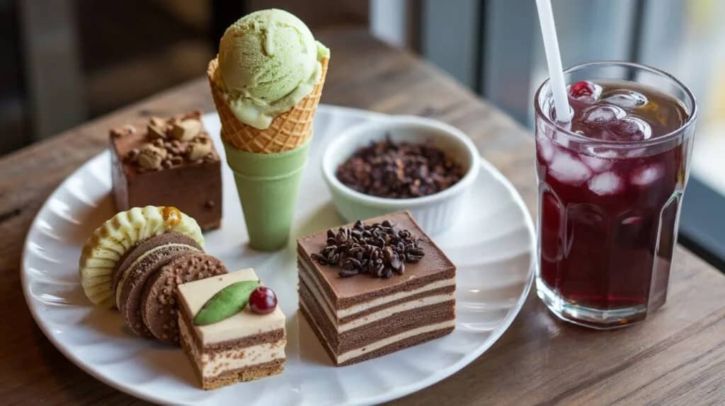 A delightful dessert platter featuring assorted cakes, cookies, a matcha ice cream cone, and a refreshing iced berry drink, perfect for an indulgent treat.