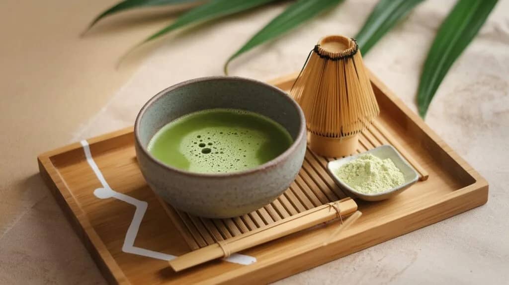 A serene matcha tea set featuring a frothy green tea bowl, bamboo whisk, and powdered matcha on a wooden tray.