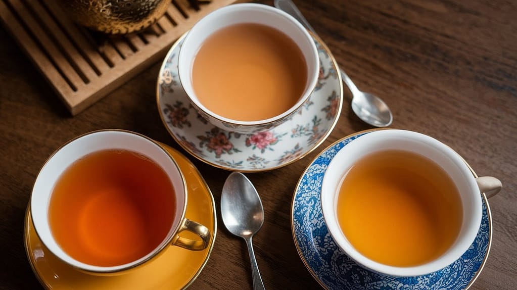 Assam tea, Darjeeling tea, Nilgiri tea in the cup on a table