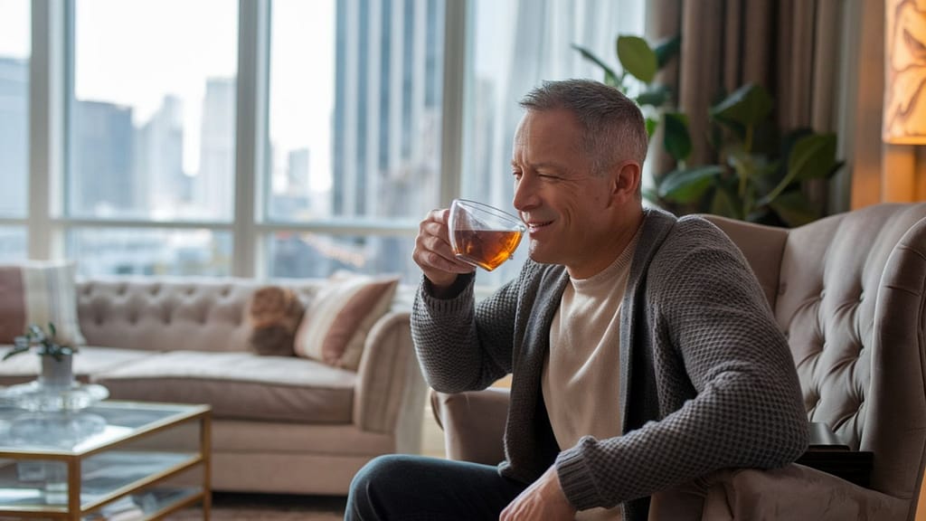 A man sitting on his sofa and drinking a cup of earl grey tea