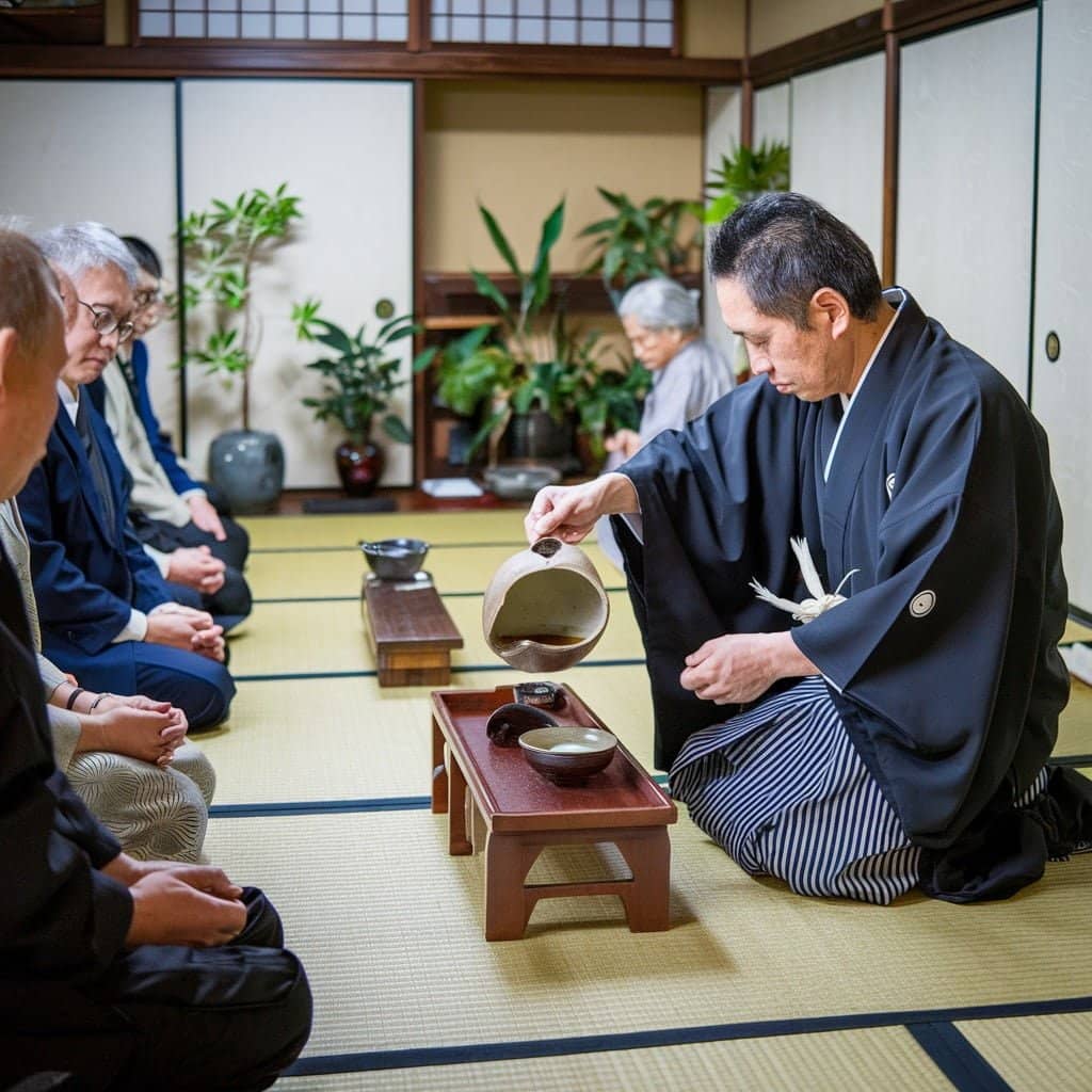 A man serving tea in Chinese tradition with premium tea leaves, loose leaf green tea, green tea leaves